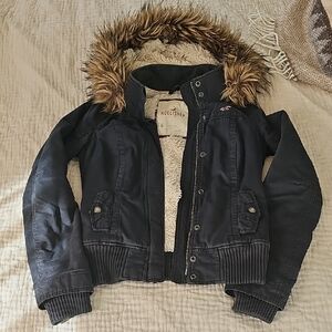 Hollister Navy Bombers Jacket with Faux Fur Trim